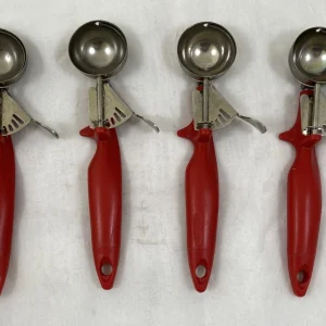 (4) QUALITE ICE CREAM SCOOPS WITH RED HANDLES NSF 9 1/4